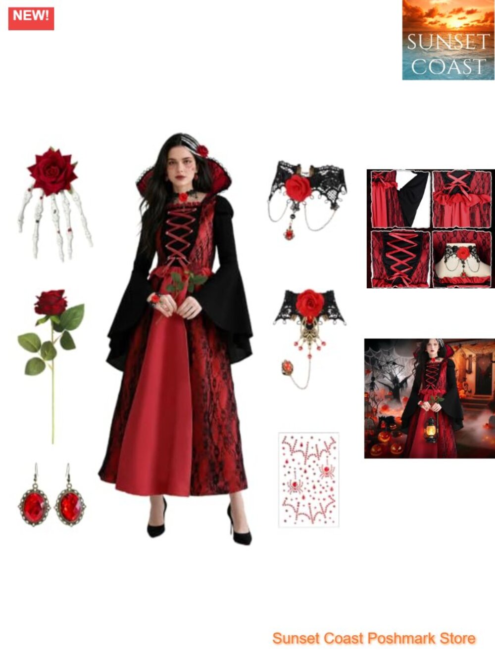 Women's Vampire Costume 8-Piece Set Polyester Dress Cosplay Halloween